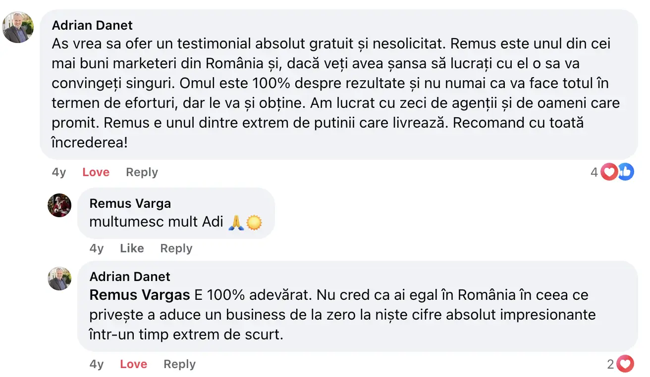 Mesaj real de la un client Vargas Digital - testimonial #1