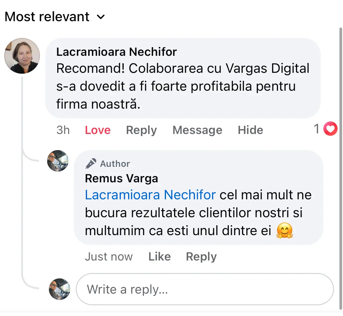 Mesaj real de la un client Vargas Digital - testimonial #10