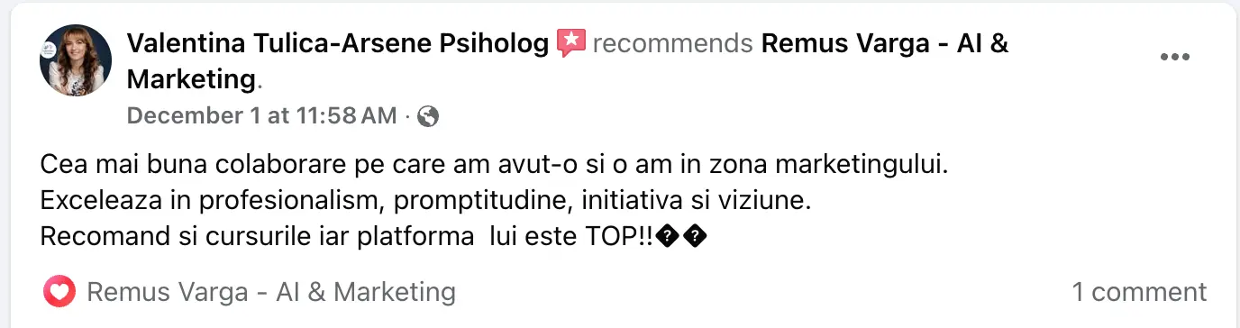 Mesaj real de la un client Vargas Digital - testimonial #7